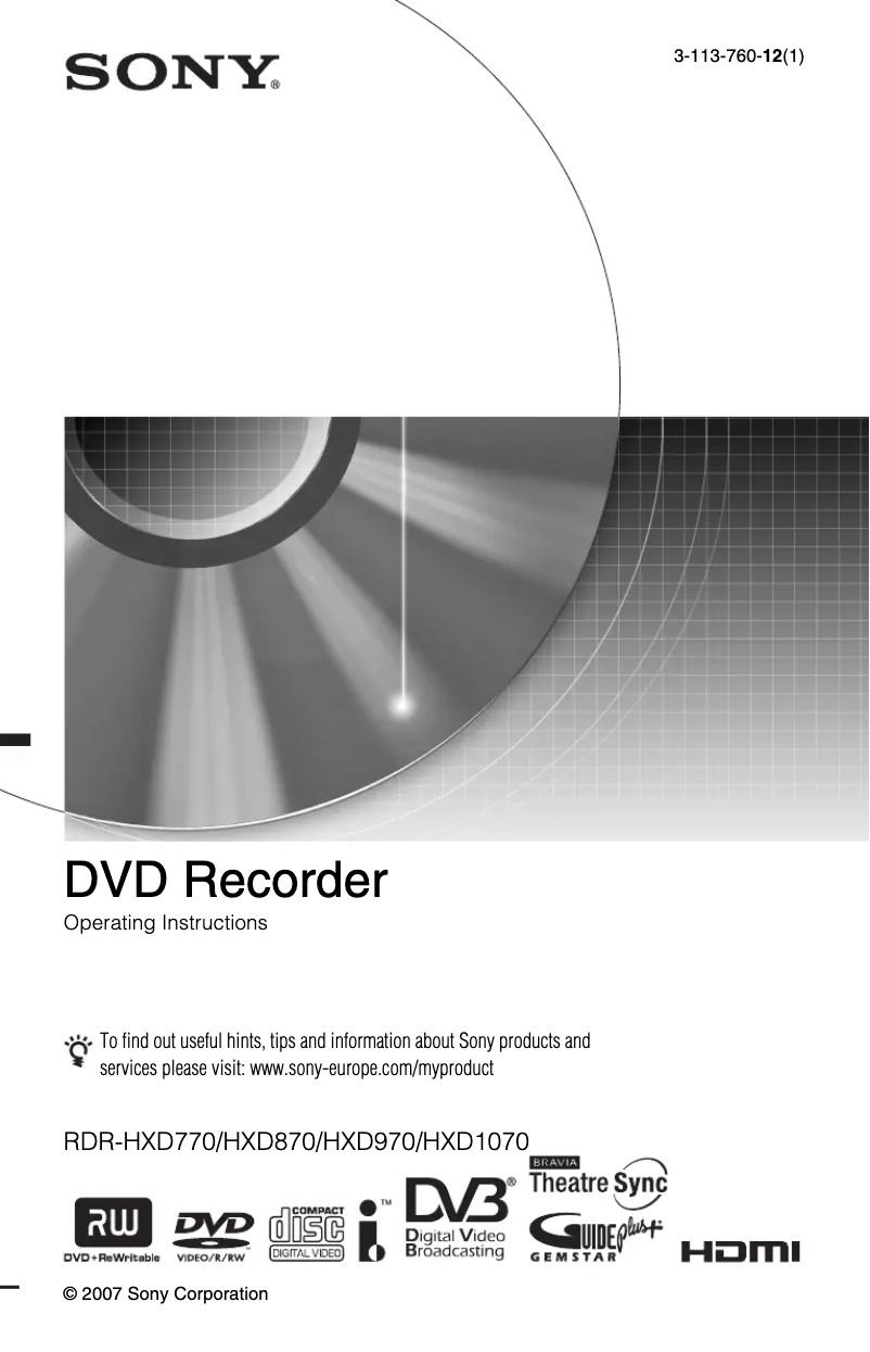 Page n°1 - Manuel utilisateur Sony RDR-HXD770