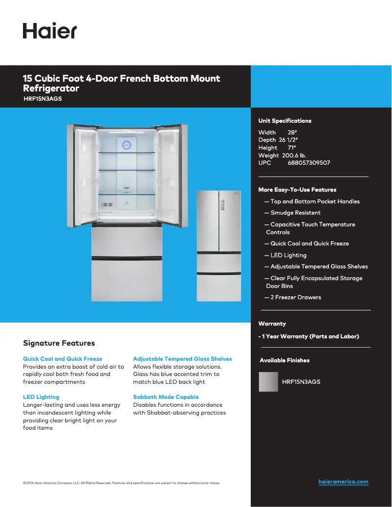Page 1 de la notice Fiche technique Haier HRF15N3AGS