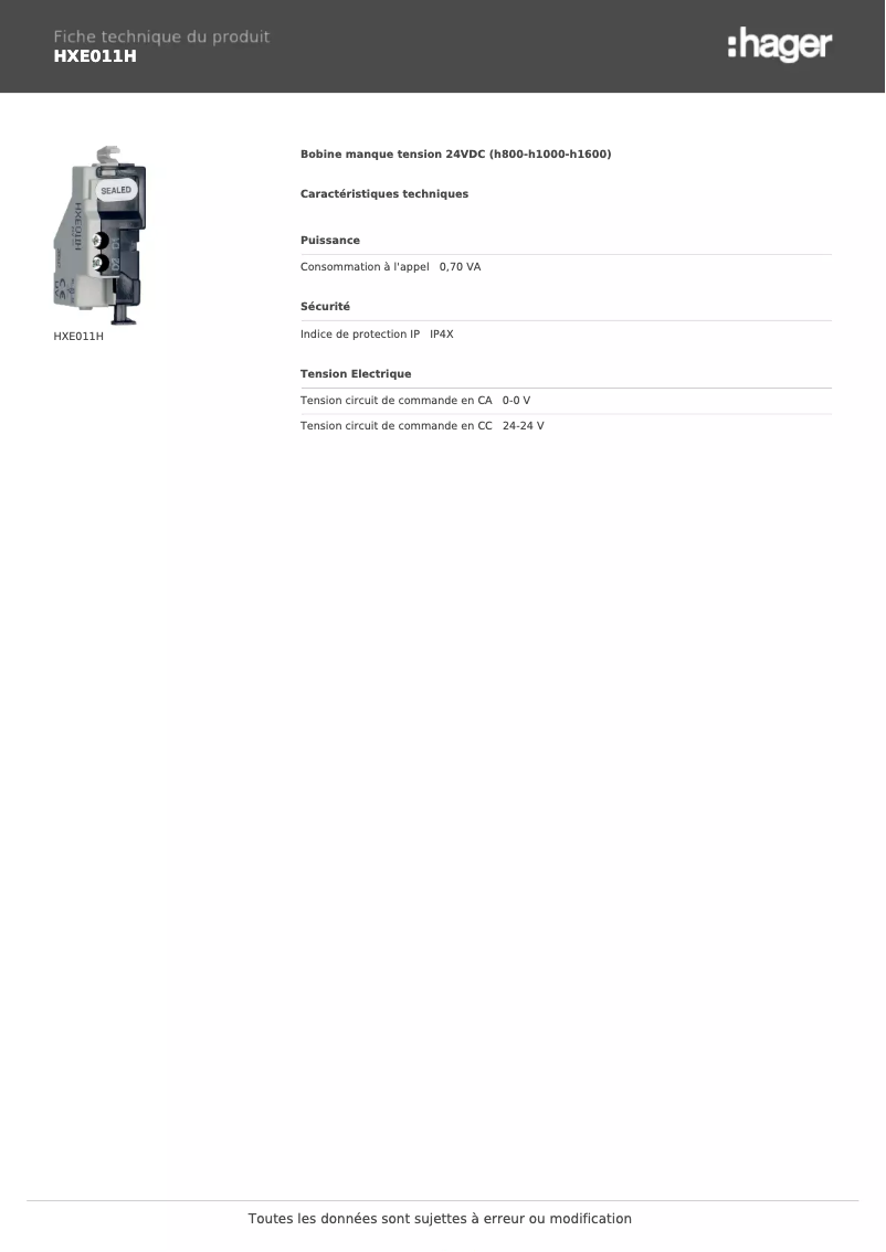 Page n°1 - Fiche technique Hager HXE011H