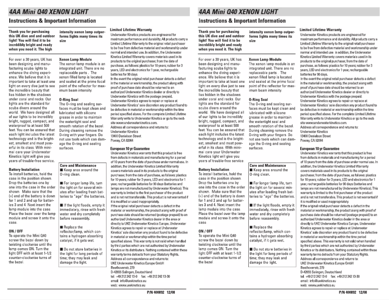 Page 1 de la notice Manuel utilisateur Underwater Kinetics Mini Q40 Xenon
