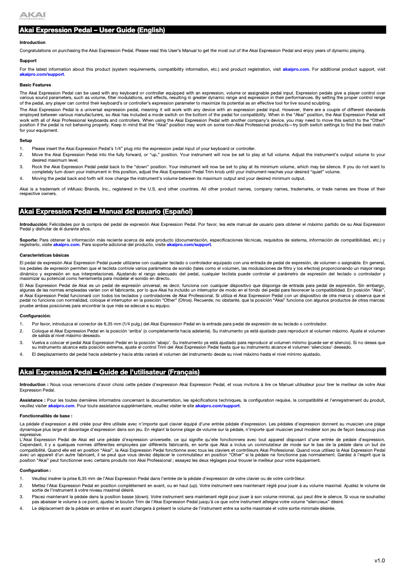 Page n°1 - Manuel utilisateur AKAI Expression Pedal
