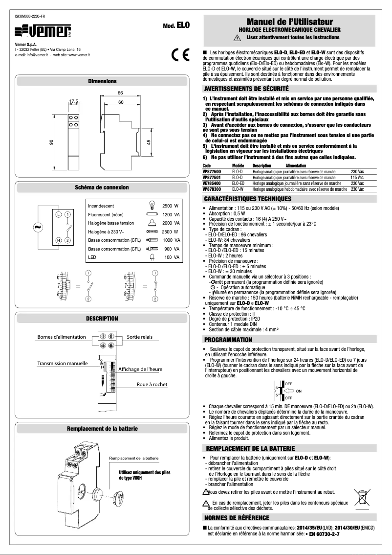 Page 1 de la notice Manuel utilisateur Vemer ELO-W