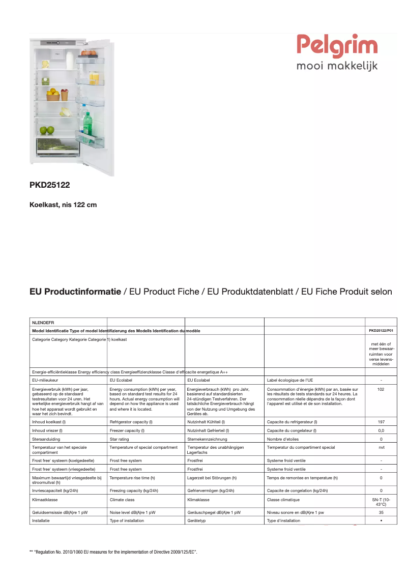 Page 1 de la notice Fiche technique Pelgrim PKD25122