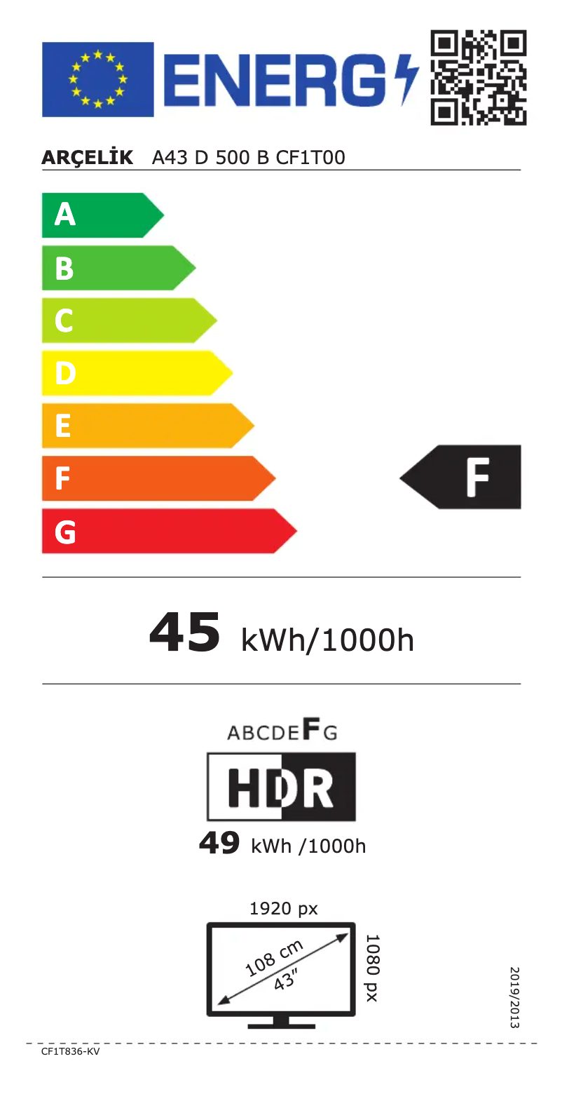 Page n°1 - Label énergétique Arçelik A43 D 500 B