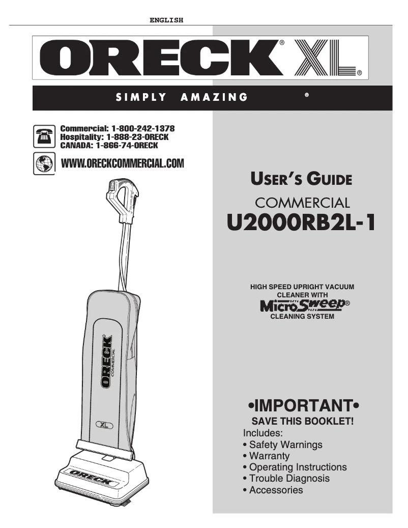 Page 1 de la notice Manuel utilisateur Oreck U2000RB2L-1