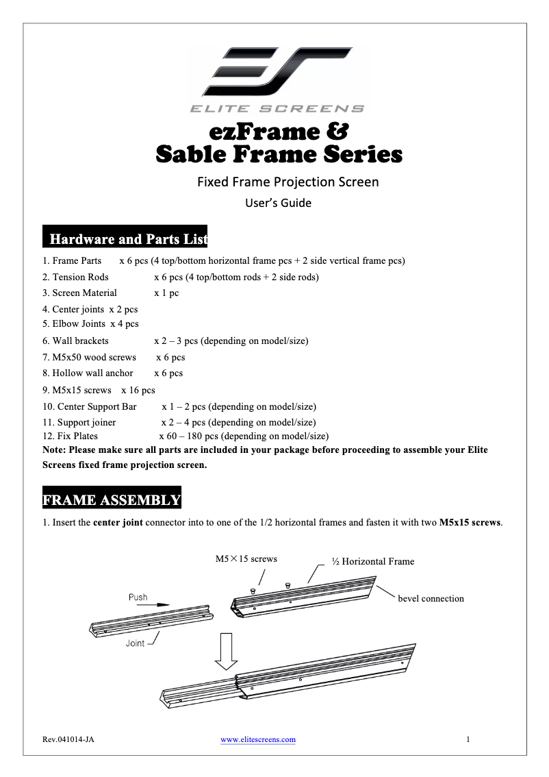 Página 1 del manual Manual de usuario Elite Screens ezFrame R100WV1