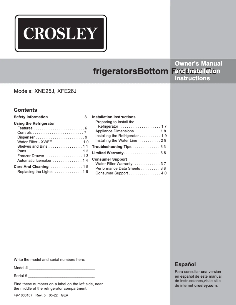 Page n°1 - Guide d'installation Crosley XFE26JSMSS