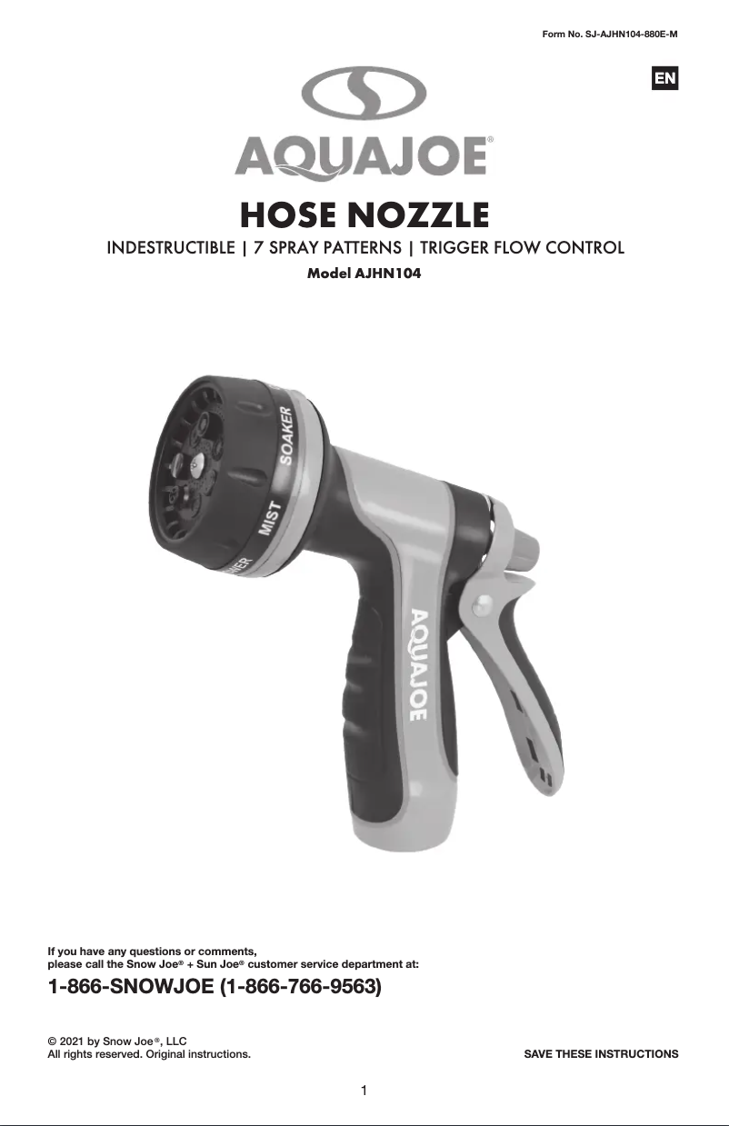 Page 1 de la notice Manuel utilisateur Aqua Joe AJHN104