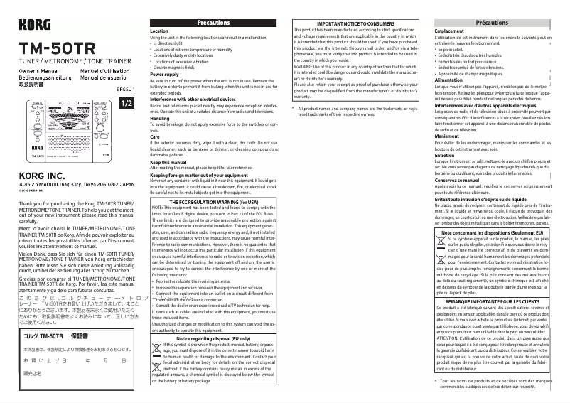 Page 1 de la notice Manuel utilisateur Korg TM-50TR