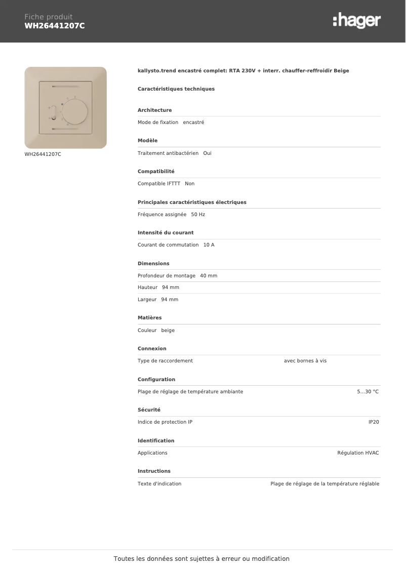 Page 1 de la notice Fiche technique Hager WH26441207C