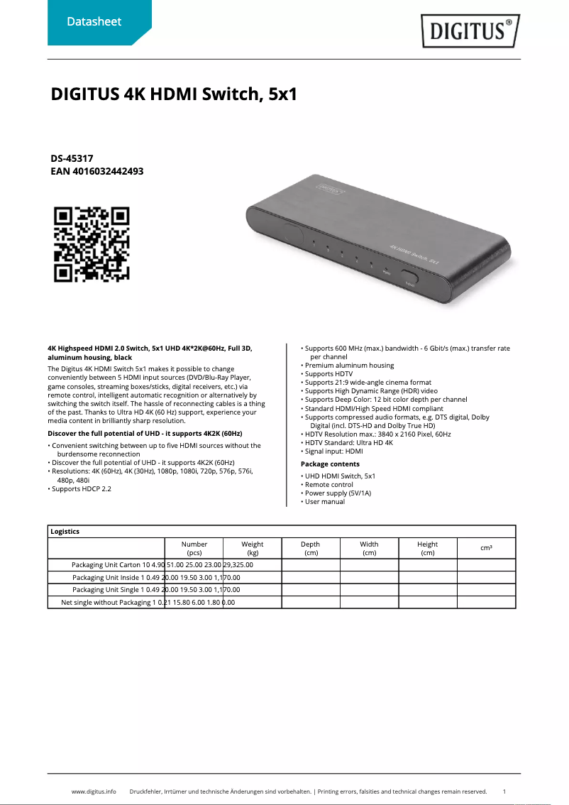 Page 1 de la notice Fiche technique Digitus DS-45317