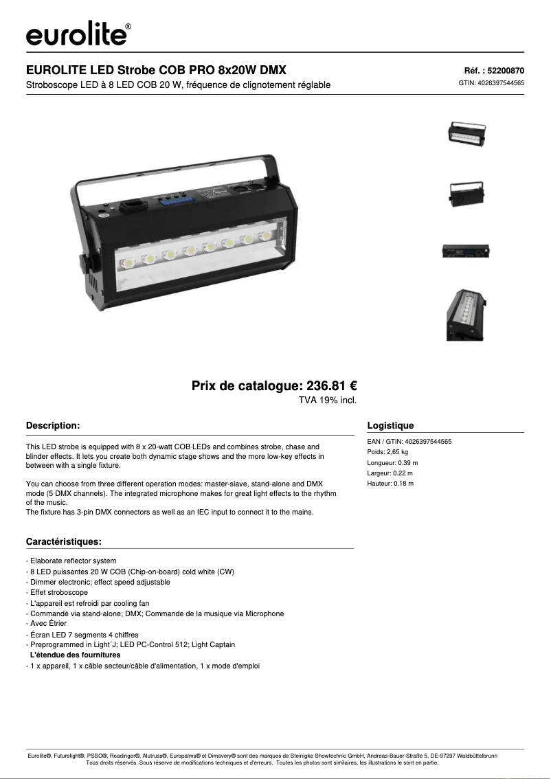 Page n°1 - Fiche technique Eurolite LED Strobe COB PRO 8x20W DMX