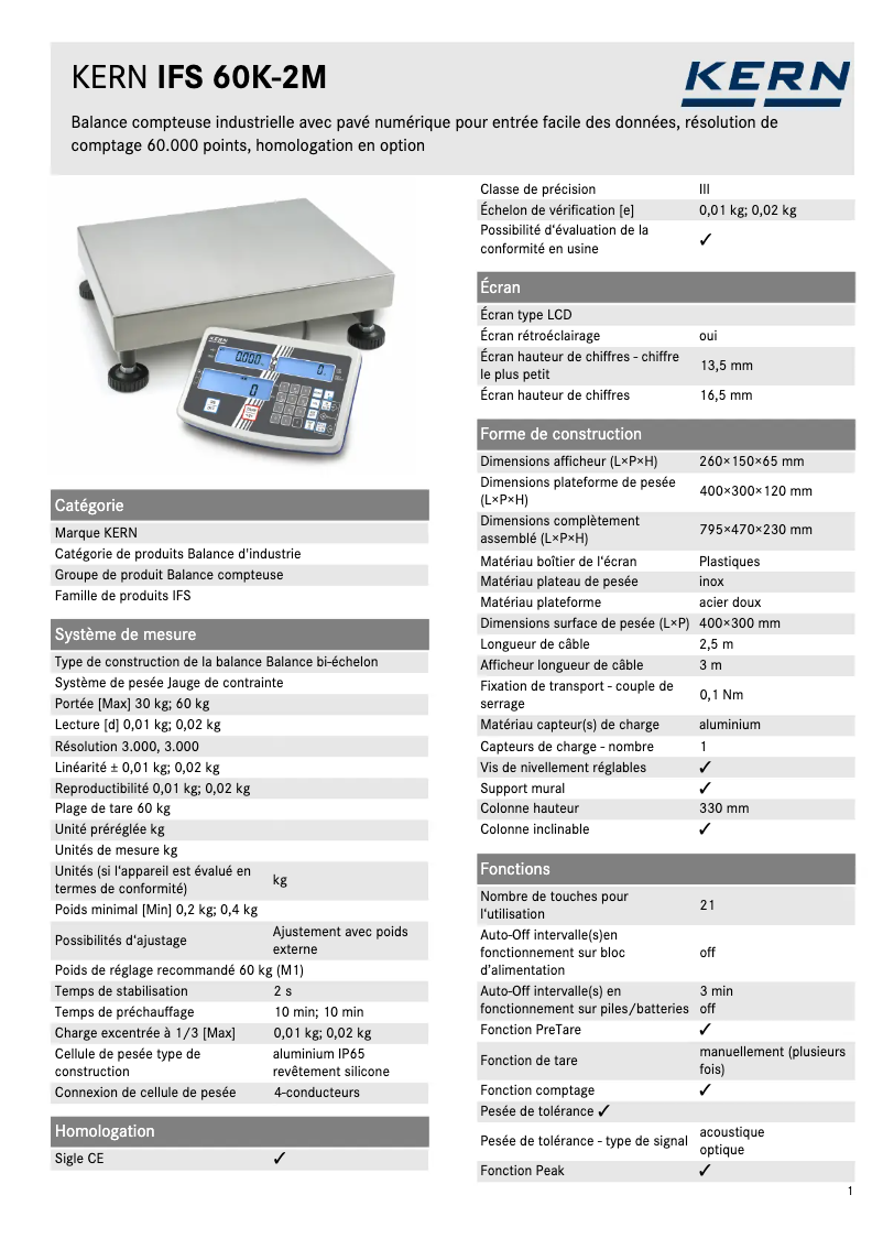 Page 1 de la notice Fiche technique Kern IFS 60K-2M