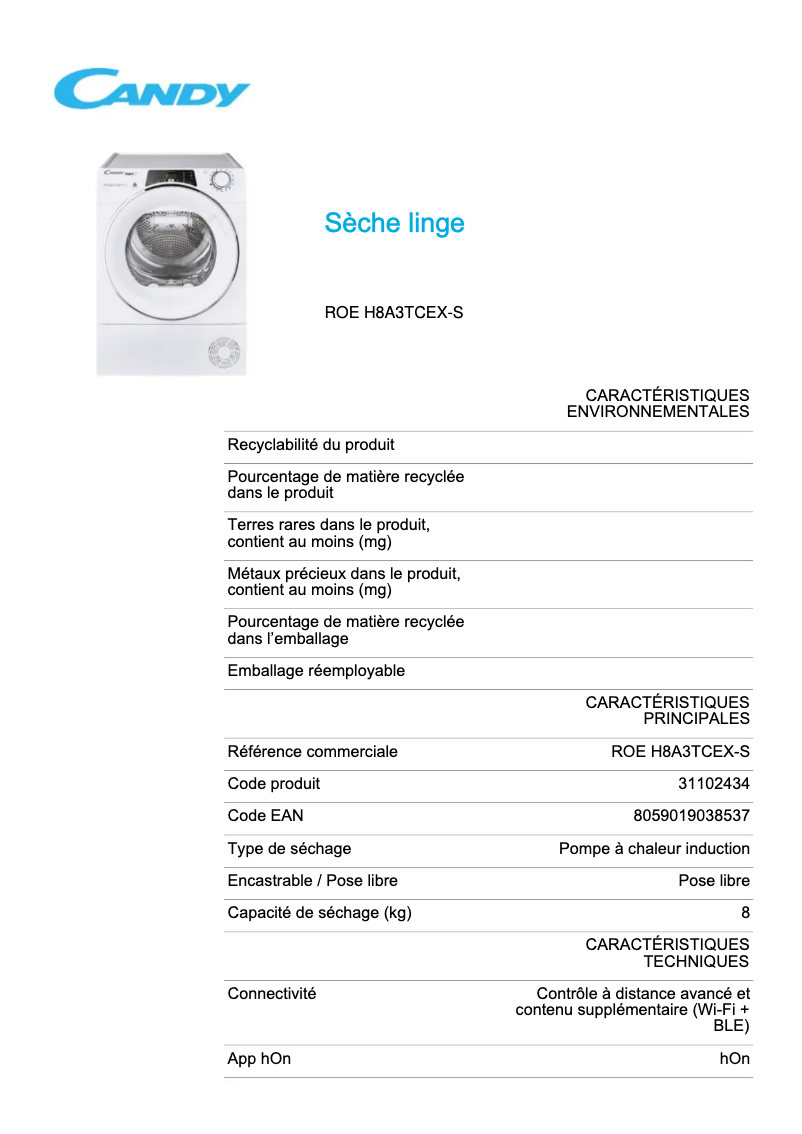 Page 1 de la notice Fiche technique Candy ROE H8A3TCEX-S