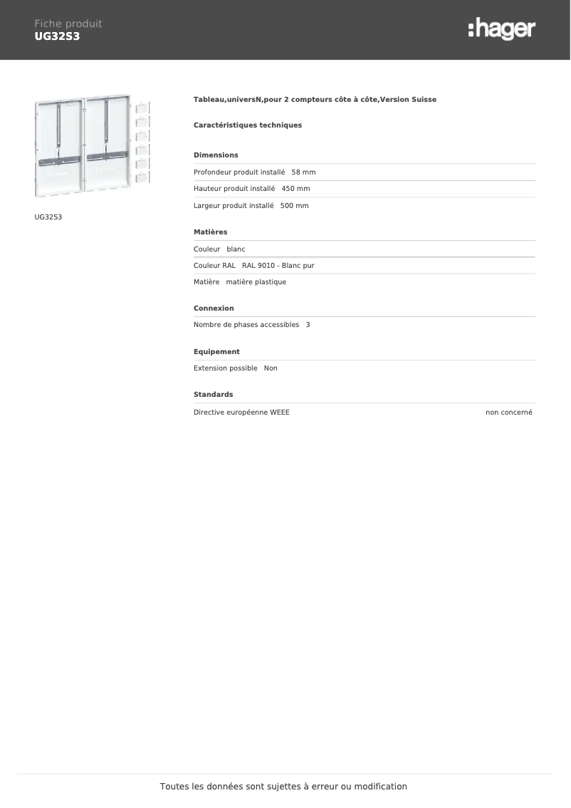Page n°1 - Manuel utilisateur Hager UG32S3
