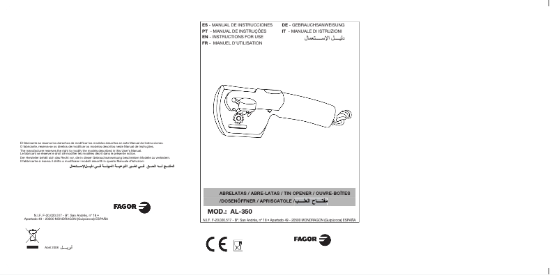 Page 1 de la notice Manuel utilisateur Fagor AL-350