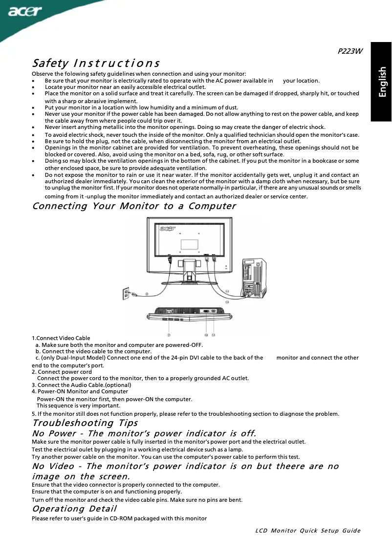Page 1 de la notice Manuel utilisateur Acer P223W