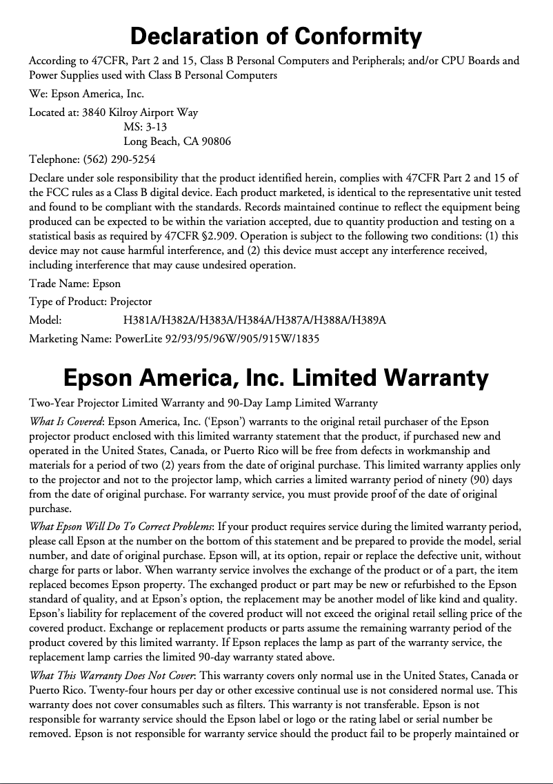 Page 1 de la notice Informations de garantie Epson PowerLite 92