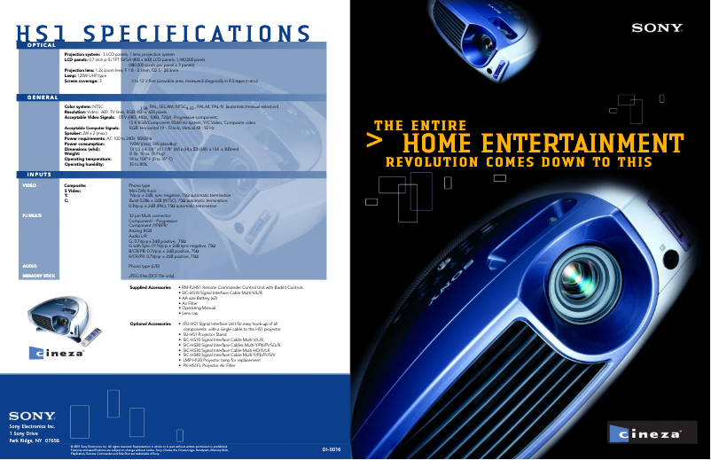 Page 1 de la notice Brochure Sony VPL-HS1
