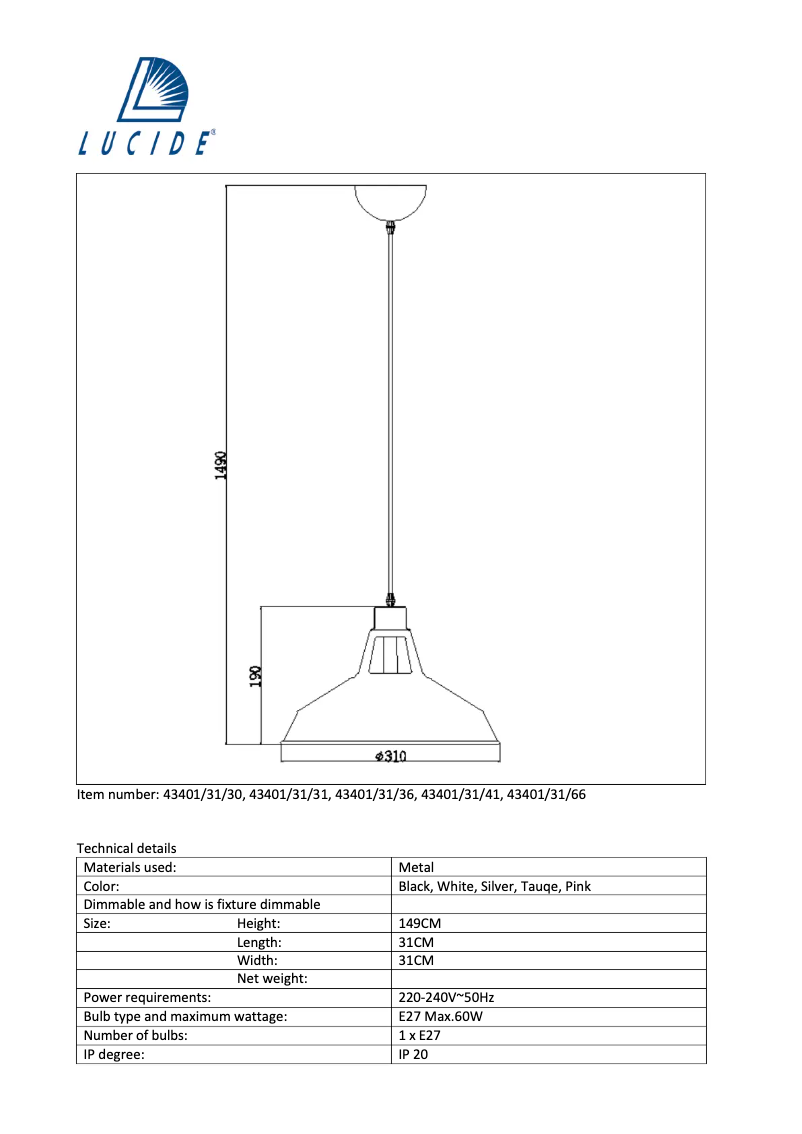Page 1 de la notice Manuel utilisateur Lucide Brassy 43401/31/66