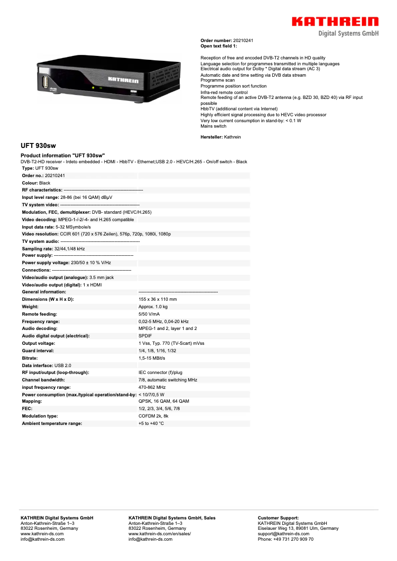 Page 1 de la notice Manuel utilisateur Kathrein UFT 930sw