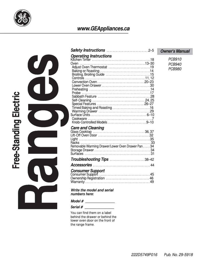 Page 1 de la notice Manuel utilisateur GE PCB980SFSS