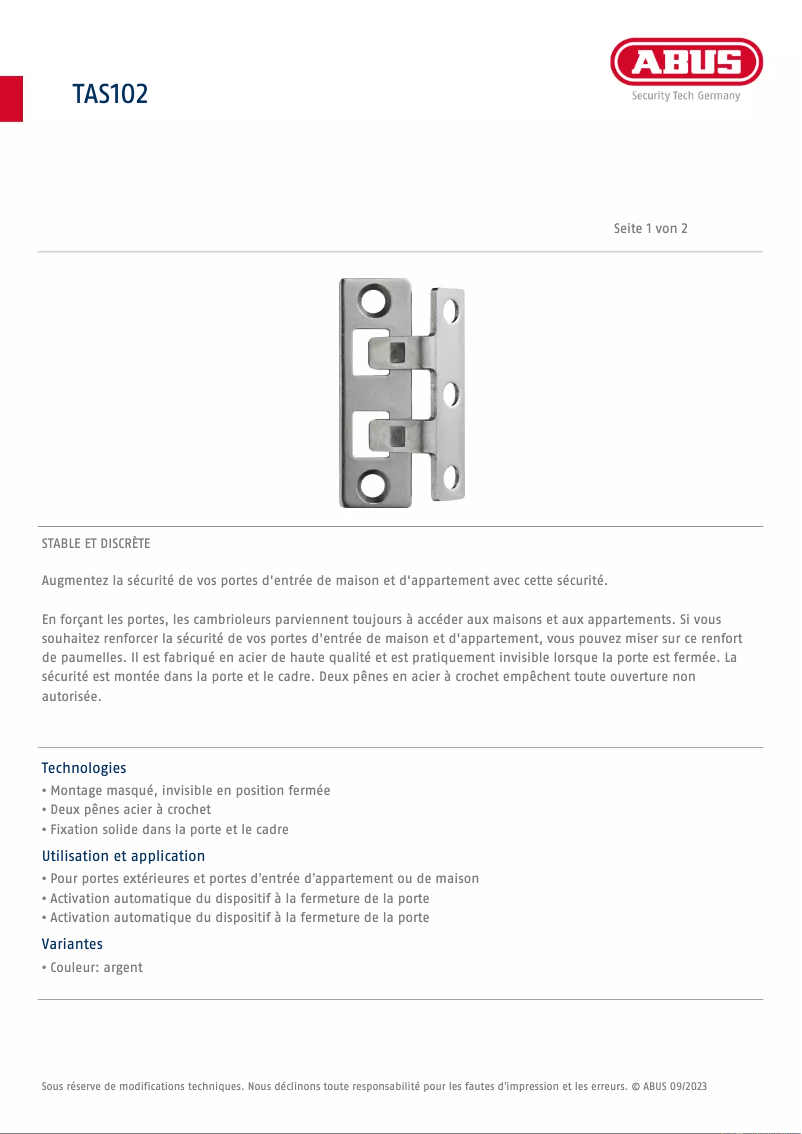 Page n°1 - Manuel utilisateur Abus TAS102