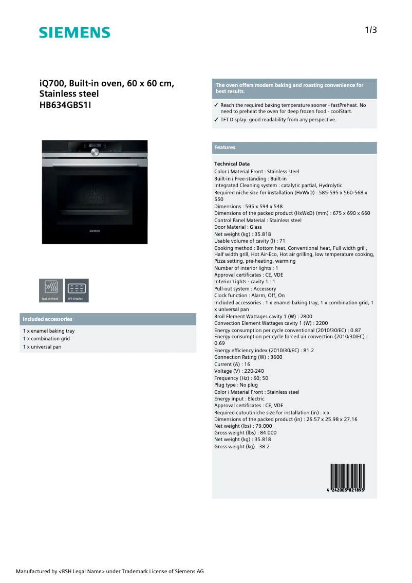 Page n°1 - Manuel utilisateur Siemens HB634GBS1I