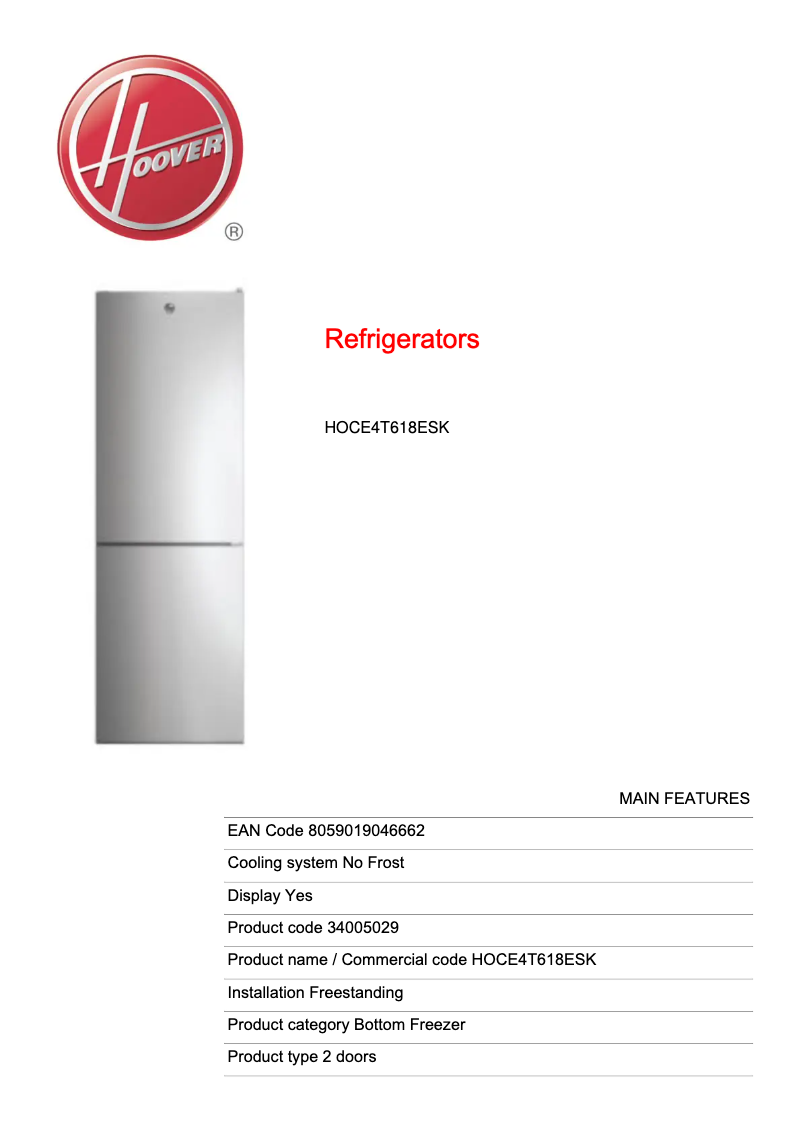 Page n°1 - Fiche technique Hoover HOCE4T618ESK