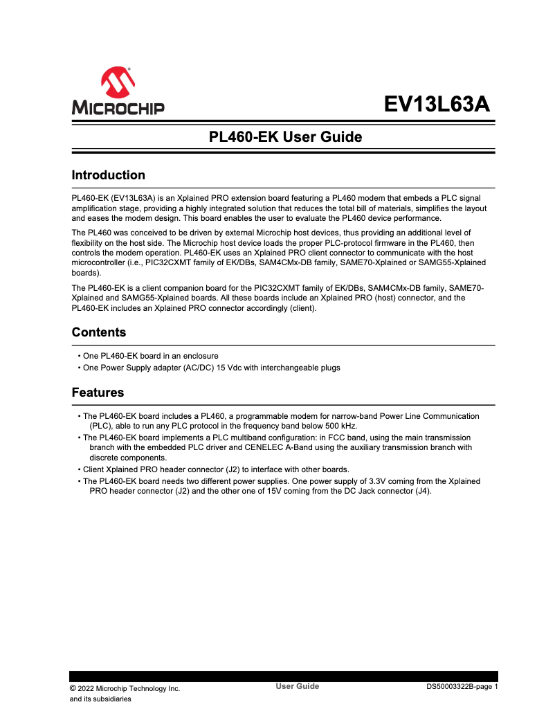 Page 1 de la notice Manuel utilisateur Microchip PL460-EK