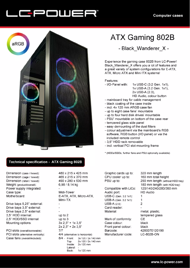Page 1 de la notice Fiche technique LC-Power Gaming 802B
