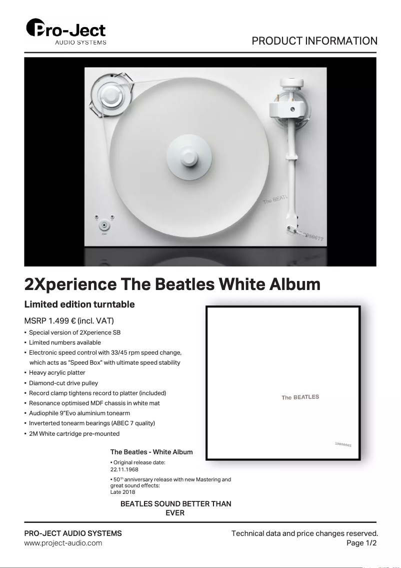 Page 1 de la notice Fiche technique Pro-Ject 2Xperience The Beatles White Album