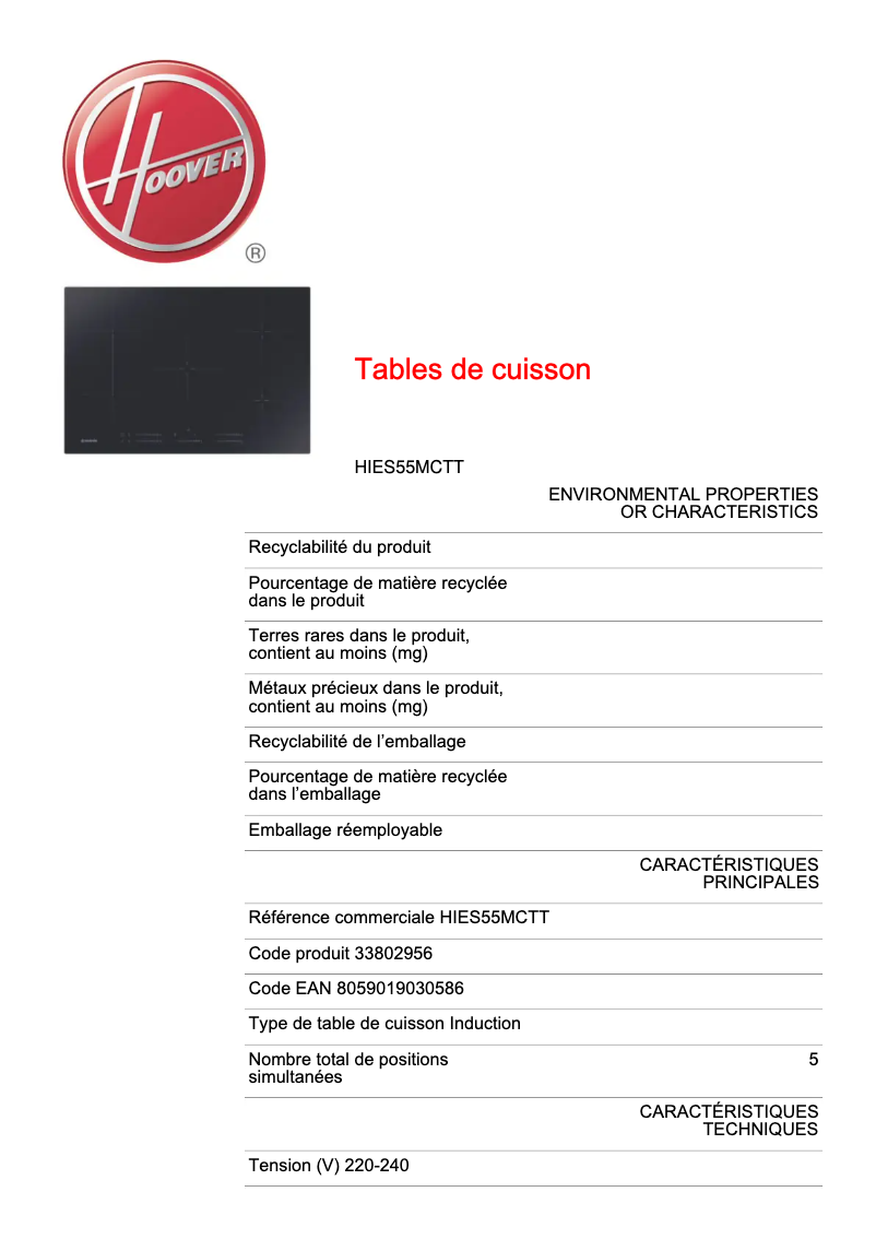 Page n°1 - Fiche technique Hoover HIES55MCTT