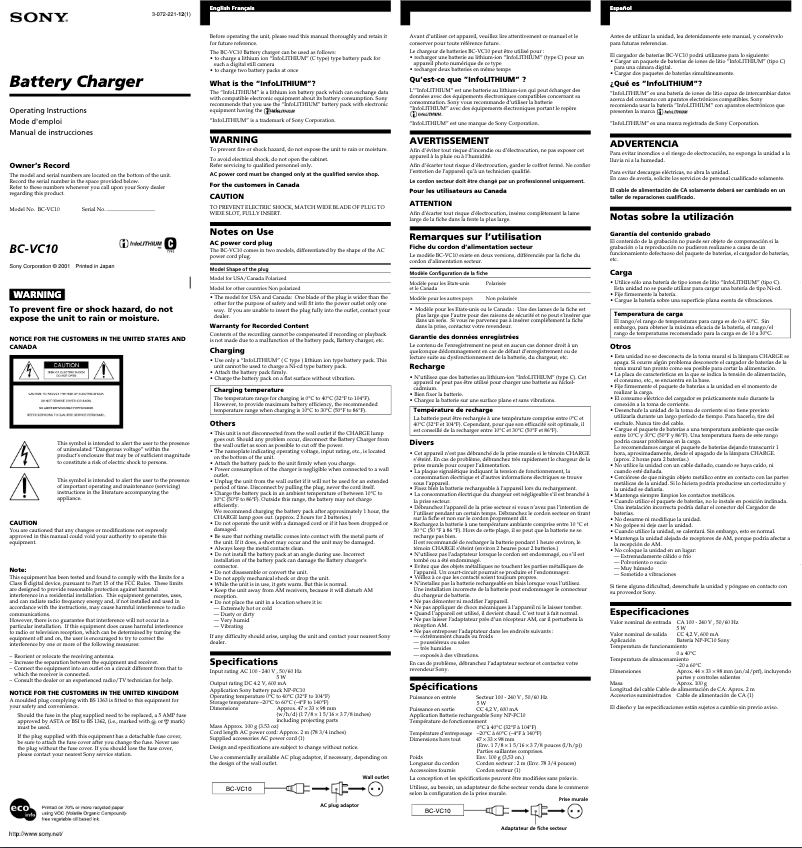 Image de la première page du manuel de l'appareil BC-VC10