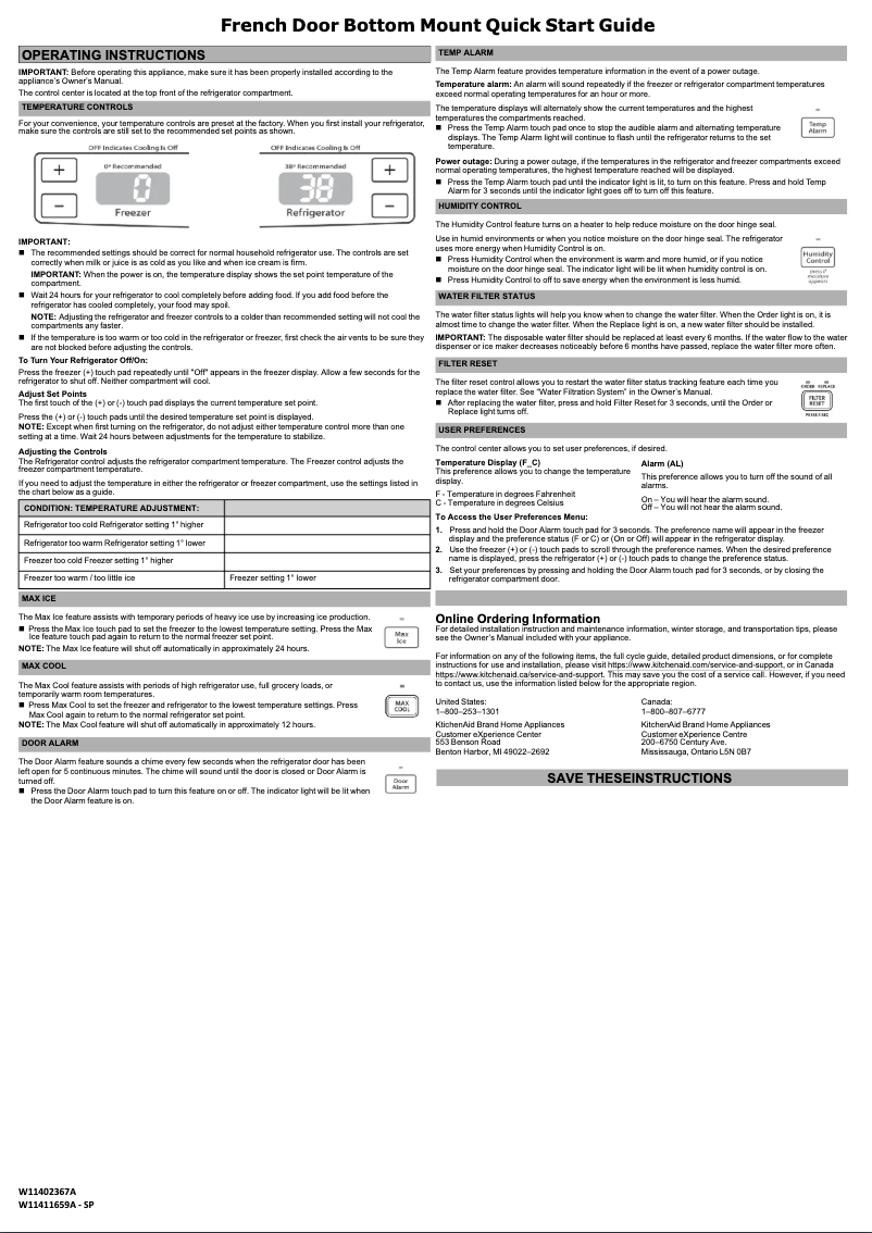 Page 1 de la notice Guide de démarrage rapide KitchenAid KRFF305EBL