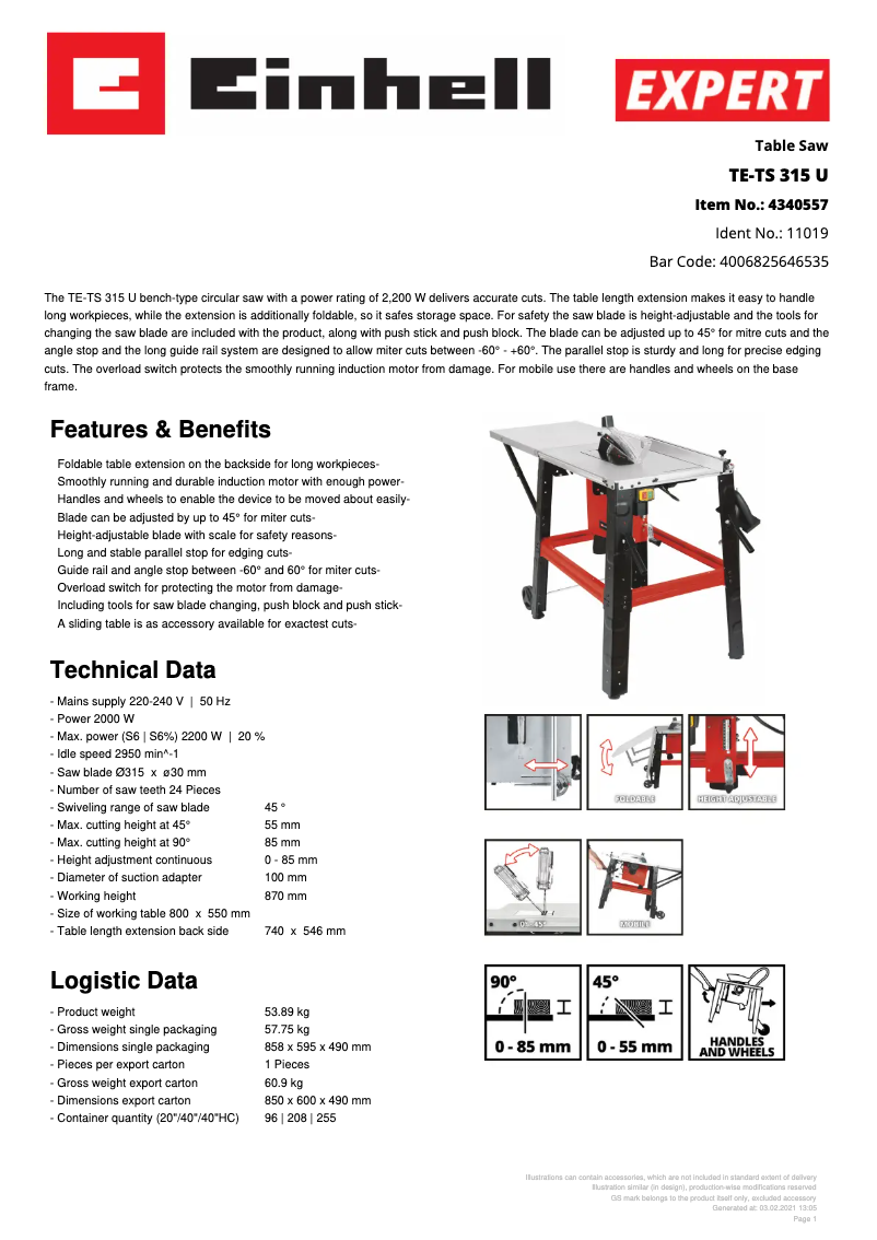 Page n°1 - Fiche technique Einhell TE-TS 315 U