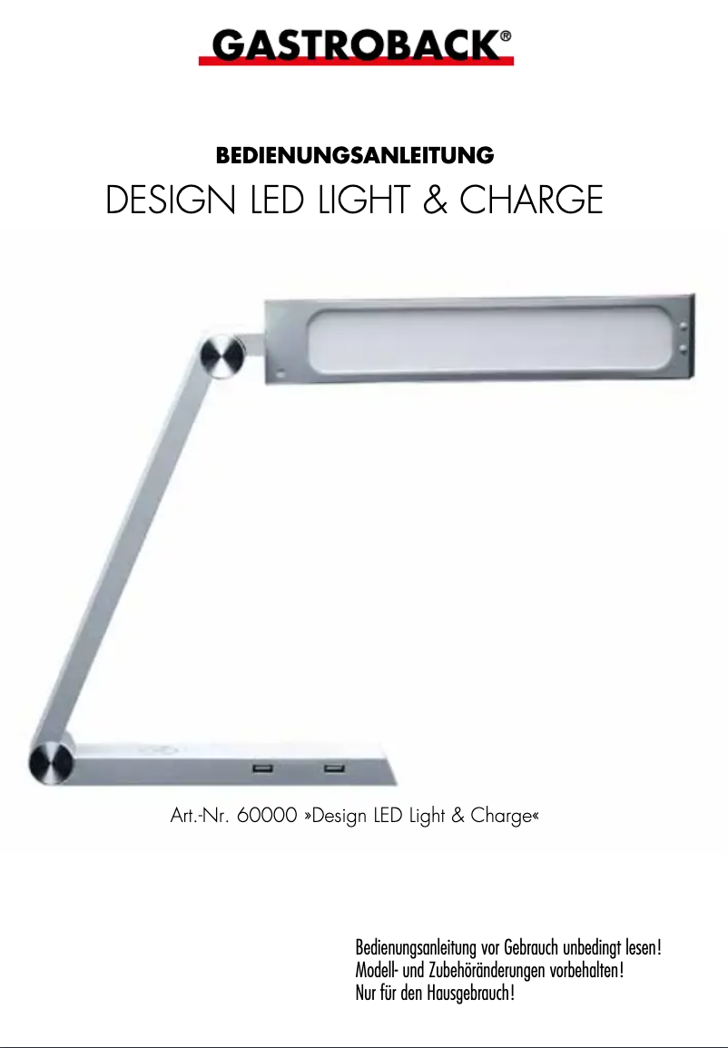 Page 1 de la notice Manuel utilisateur Gastroback Design LED Light & Charge 60000