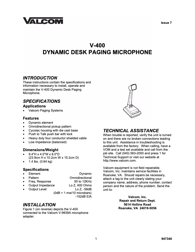 Page n°1 - Manuel utilisateur Valcom V-400