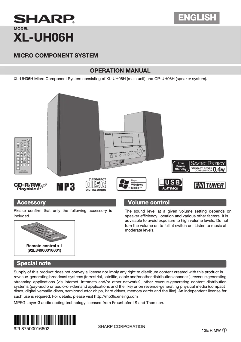 Page 1 de la notice Manuel utilisateur Sharp XL-UH06H