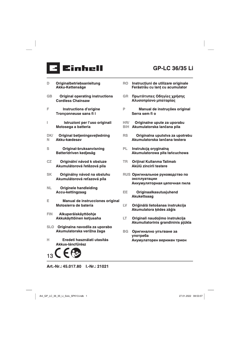 Page 1 de la notice Manuel utilisateur Einhell GP-LC 36/35 Li