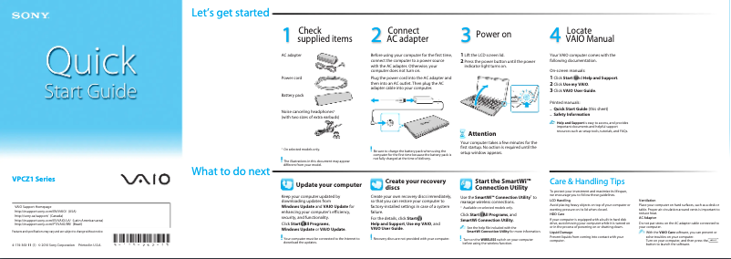 Page 1 de la notice Guide d'installation Sony Vaio VPCZ112GX