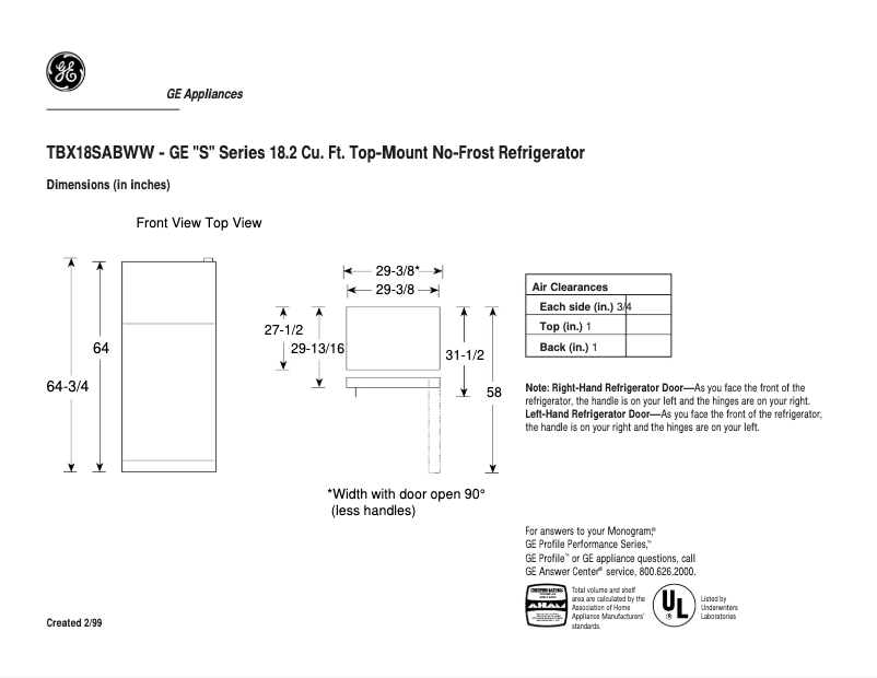 Page 1 de la notice Fiche technique GE TBX18SABLWW