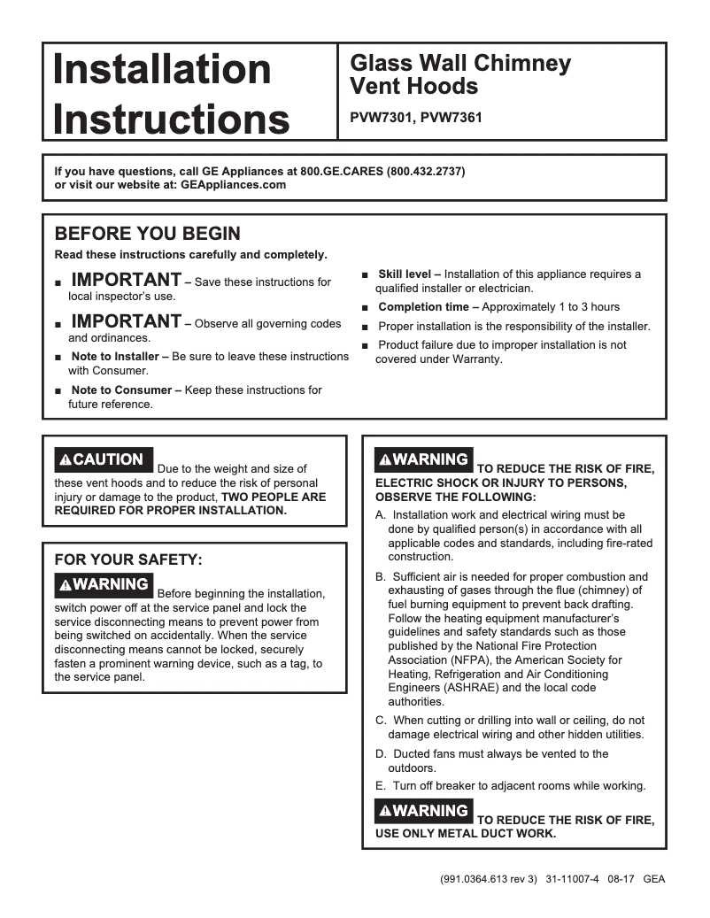 Page 1 de la notice Guide d'installation GE PVW7361SJSS