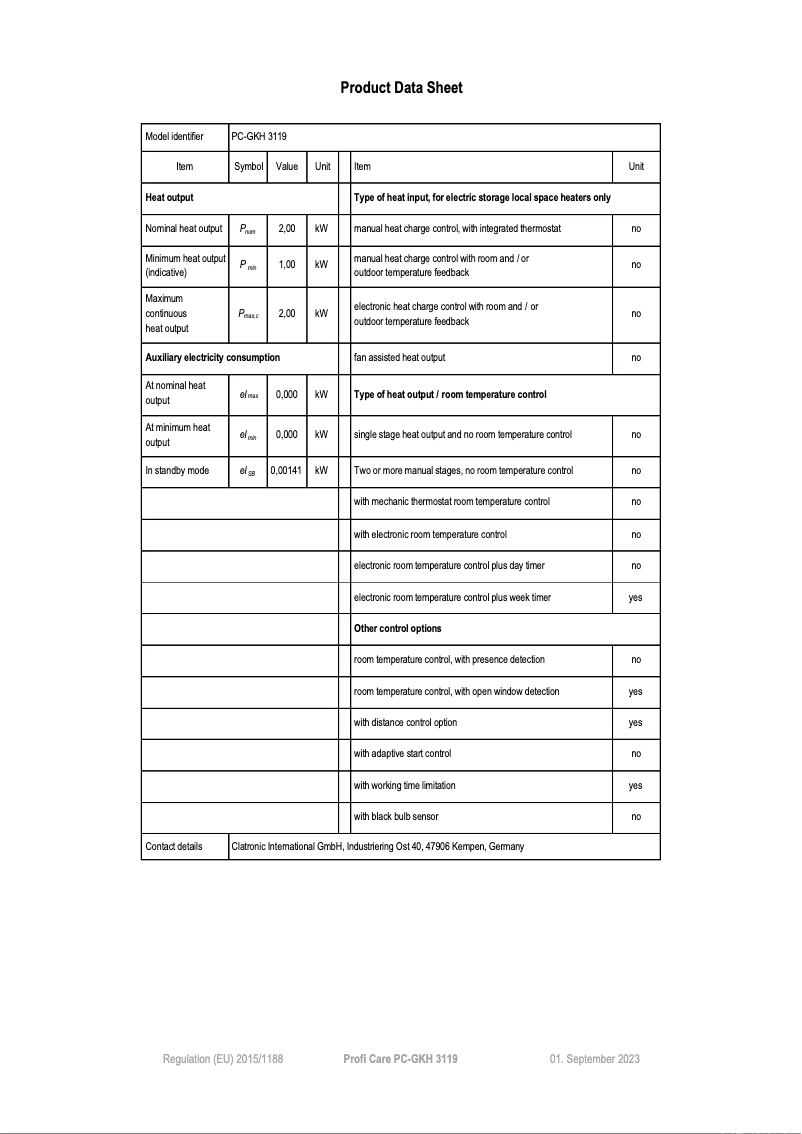 Page 1 de la notice Fiche technique ProfiCare PC-GKH 3119