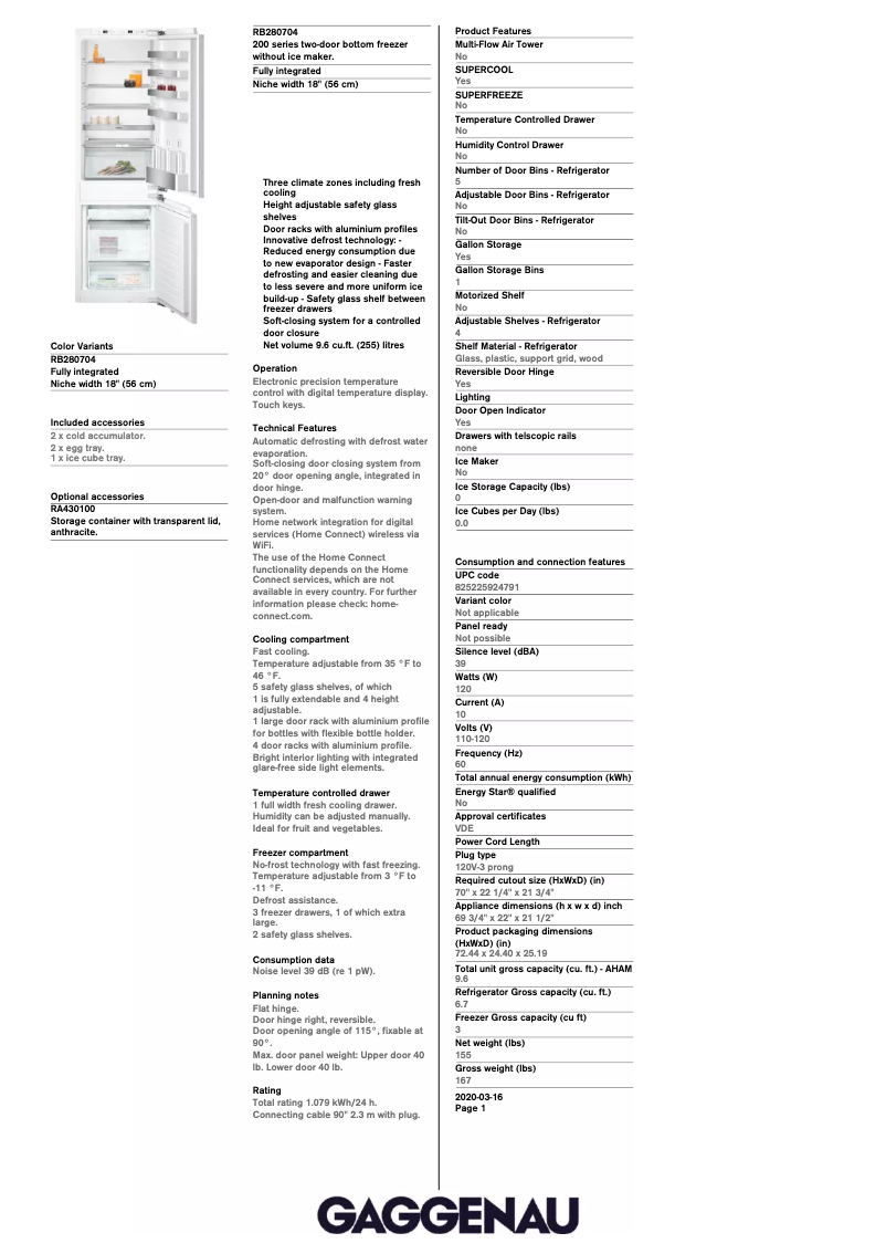 Page 1 de la notice Fiche technique Gaggenau RB280704