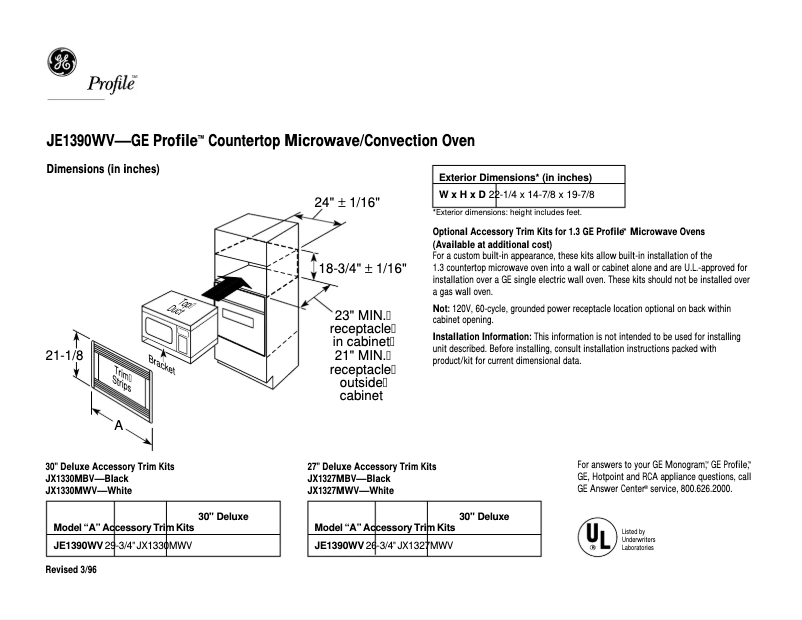 Page n°1 - Fiche technique GE Profile JE1390WV