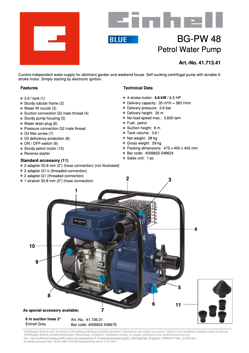 Page 1 de la notice Fiche technique Einhell BG-PW 48