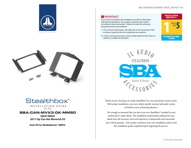 Page n°1 - Manuel utilisateur JL Audio Stealthbox SBA-CAN-MVX3-DK-MM50