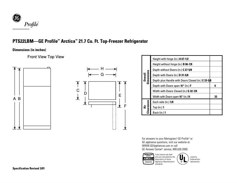 Page n°1 - Fiche technique GE Profile Arctica PTS22LBMBB