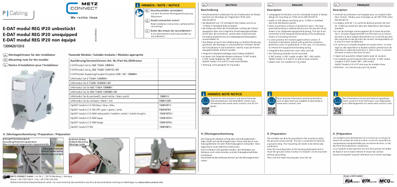 Page 1 de la notice Manuel utilisateur Metz Connect 1309426103-E